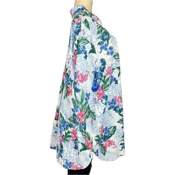Jssica London +20W Blue-Pink Floral Button Linen Blend Collar 3/4 Sleeve Shirt - Picture 3 of 6